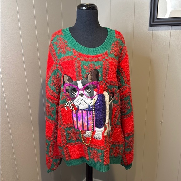 Holiday Time Women’s 2X 20W/22W Red and Green Dog Sweater - Picture 1 of 5